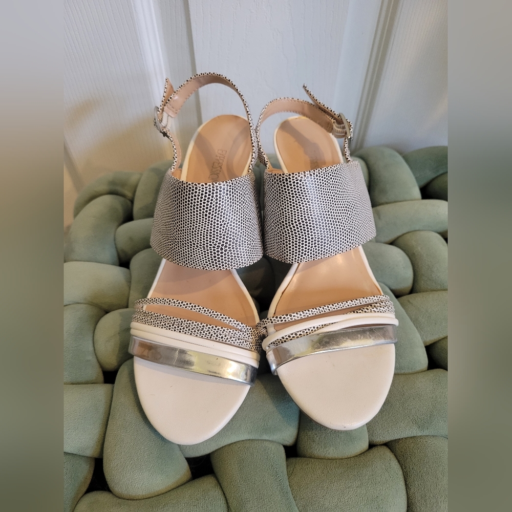 Expression wedge sandals in white with silver and polka dot pattern, US 7